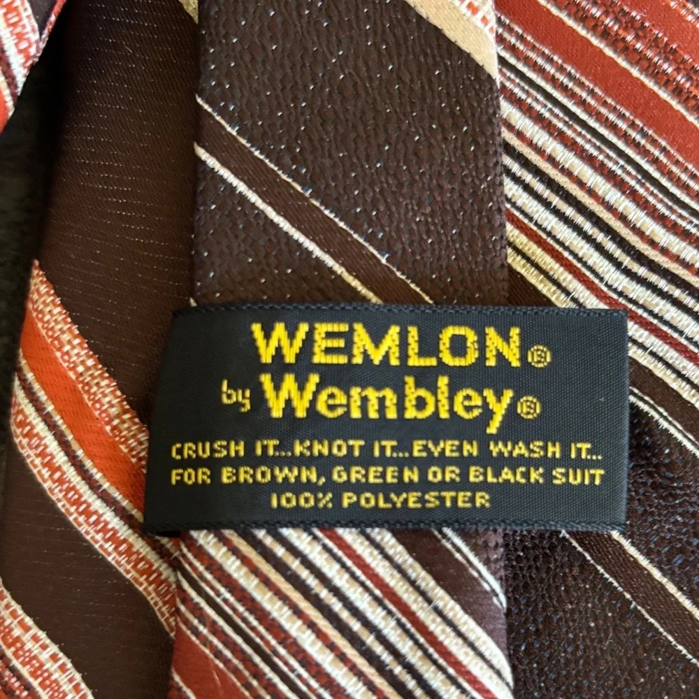 Vintage Wemlon By Wembley Brown‎ Orange Striped Polyester Necktie Retro 70s